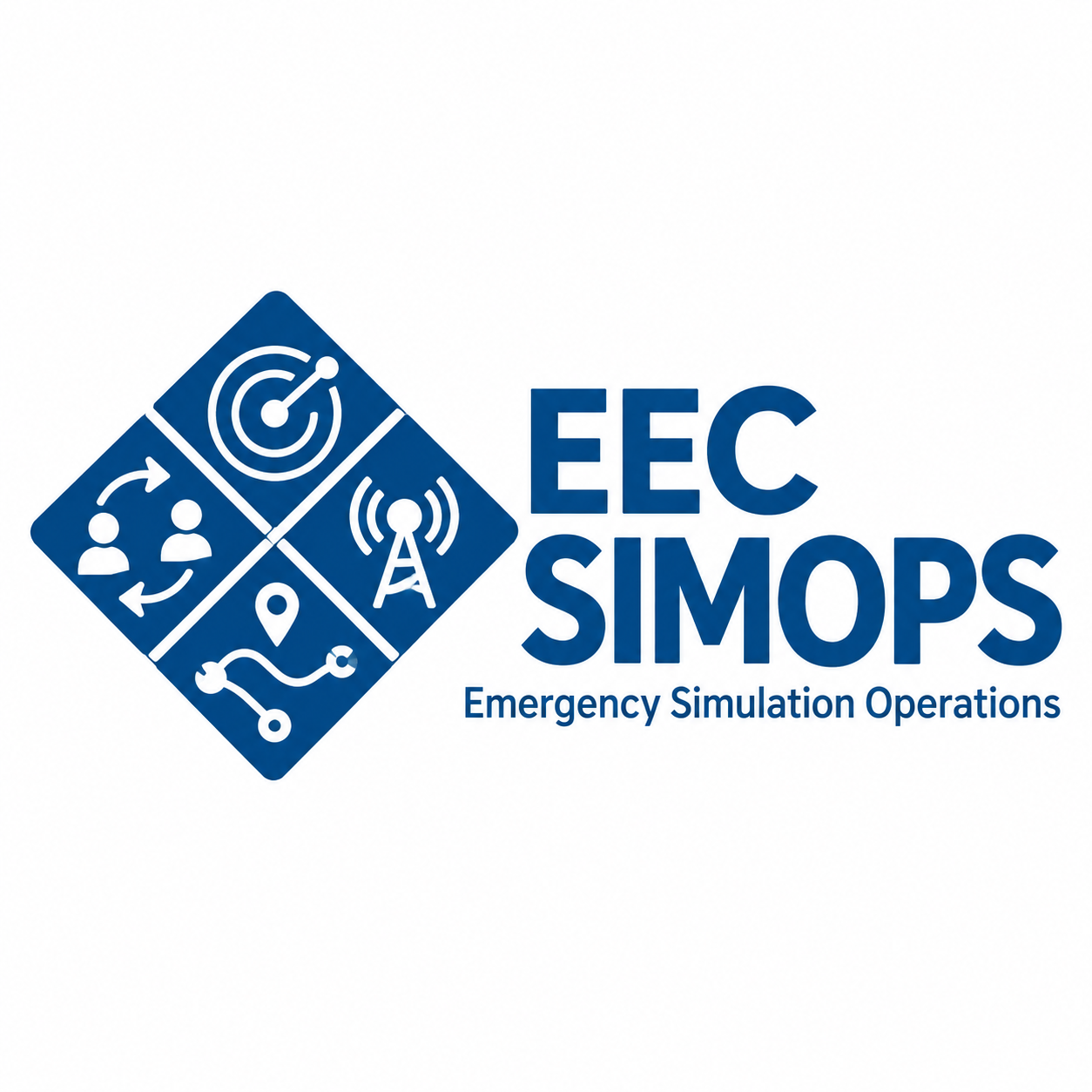 EEC SIMOPS logo with blue symbols for decision-making, teamwork, communications and routes, and the words Emergency Simulation Operations.