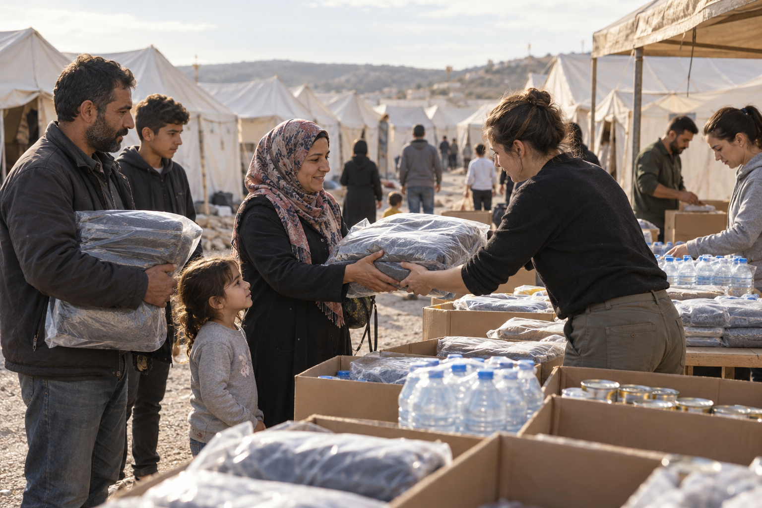 Escena ilustrativa de trabajadores humanitarios civiles distribuyendo suministros de ayuda a familias entre tiendas sin marcas en un campo de refugiados.